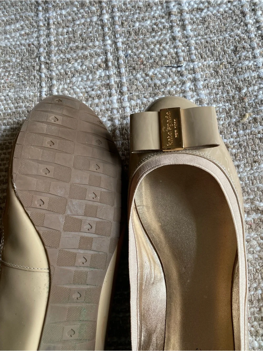 kate spade Beige Patent Bow Ballet Flats with Gold Plaque